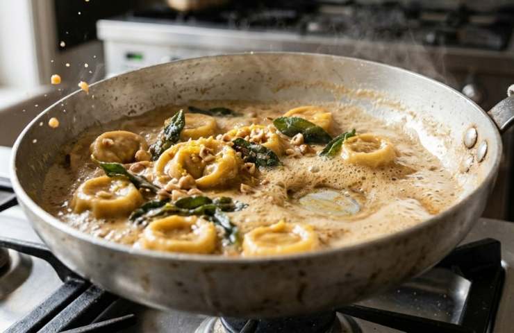 Cottura tortelli burro e salvia: emulsione cremosa e burro nocciola in padella saltapasta.
