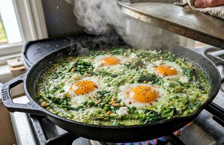Cottura della Shakshuka verde in padella di ghisa con vapore, uova fresche, asparagi e piselli su fornello acceso.
