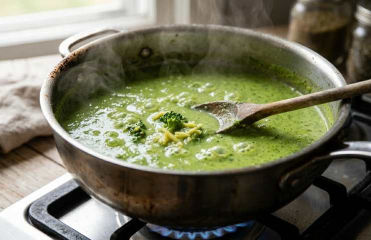Vellutata di broccoli e zenzero che bolle in pentola sul fornello acceso, con vapore che sale e un cucchiaio di legno immerso.