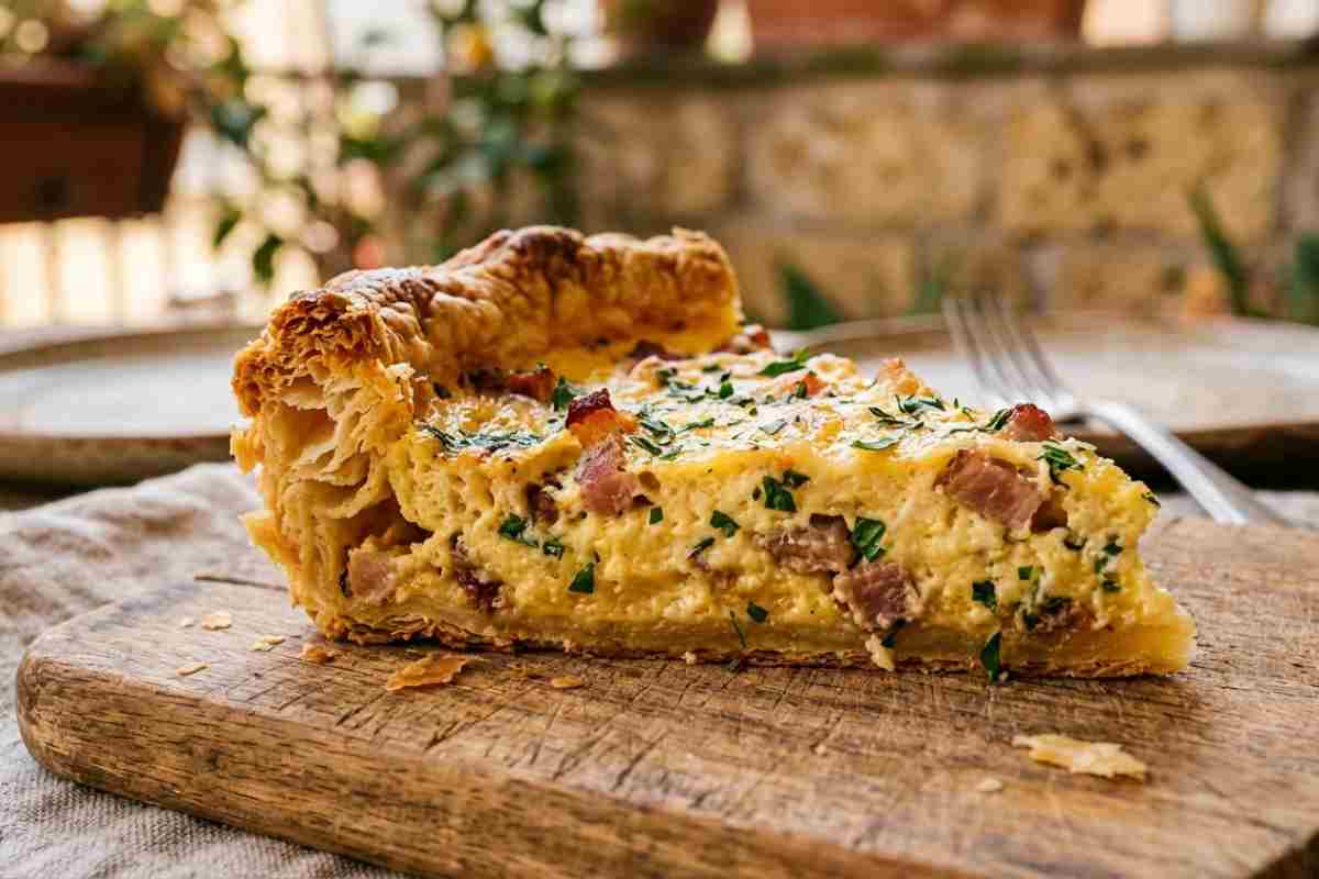 Fetta di quiche di Pasquetta con pancetta croccante e base di pasta brisée dorata su tagliere di legno.