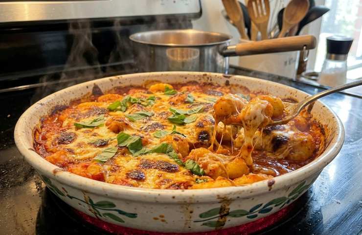 Gnocchi alla sorrentina che sobbollono sul piano cottura a induzione in teglia di ceramica, con mozzarella fusa e vapore che sale, mentre una spatola di legno mescola la salsa di pomodoro.