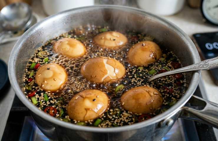 Uova che bollono in pentola con schiuma e aromi, timer dello smartphone su 5 secondi per cottura jammy egg perfetta.