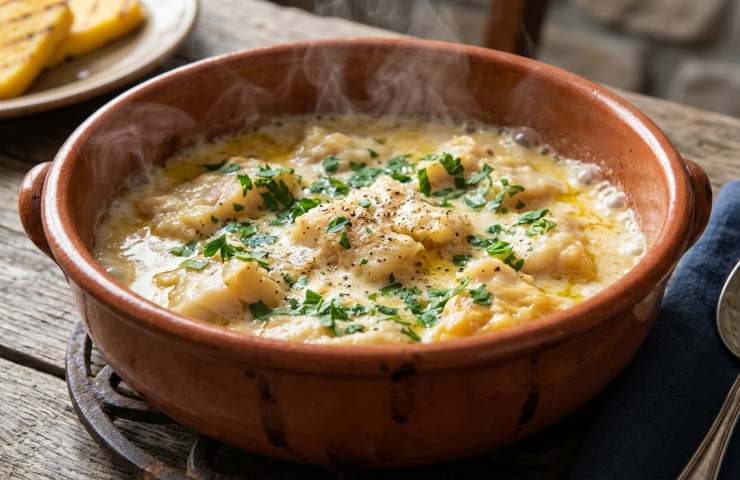 Piatto fumante di baccalà alla vicentina cremoso, appena cotto nel tegame di terracotta, servito con polenta grigliata e prezzemolo fresco.