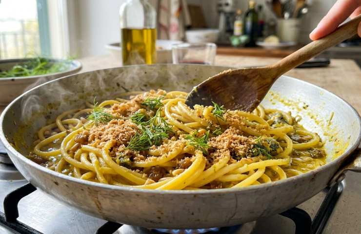 Mantecatura dei bucatini con le sarde in padella di alluminio, ultimi secondi di cottura con zafferano e finocchietto selvatico.