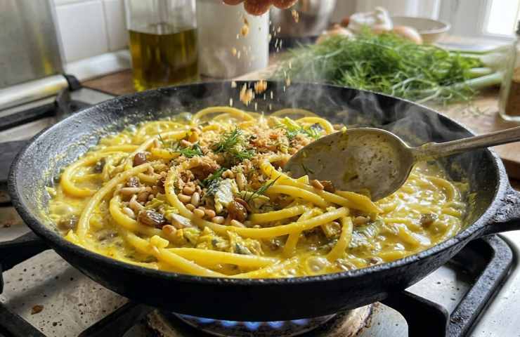 Bucatini con le sarde in fase di mantecatura in padella sul fuoco, crema allo zafferano che sobbolle con finocchietto e pioggia di pane grattugiato tostato.