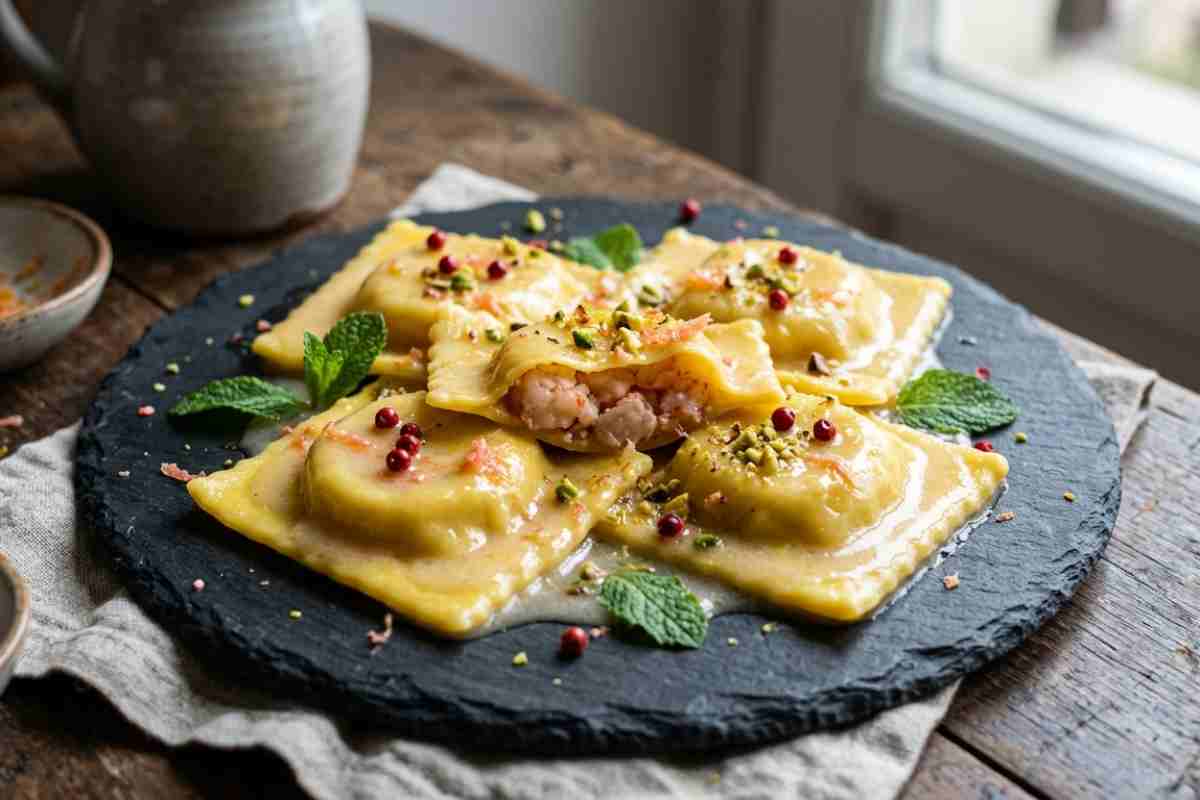 Piatto di ravioli quadrati fatti in casa con ripieno di gamberi, conditi con una salsa al pompelmo rosa, pepe rosa e menta fresca, servito su un vassoio di ardesia su un tavolo di legno.
