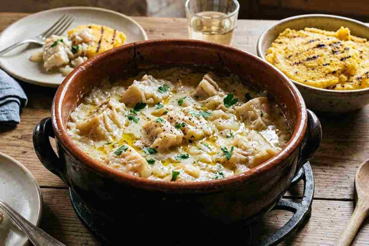 Baccalà alla vicentina cremoso servito in tegame di terracotta con polenta gialla grigliata, piatto tipico per il Venerdì Santo.