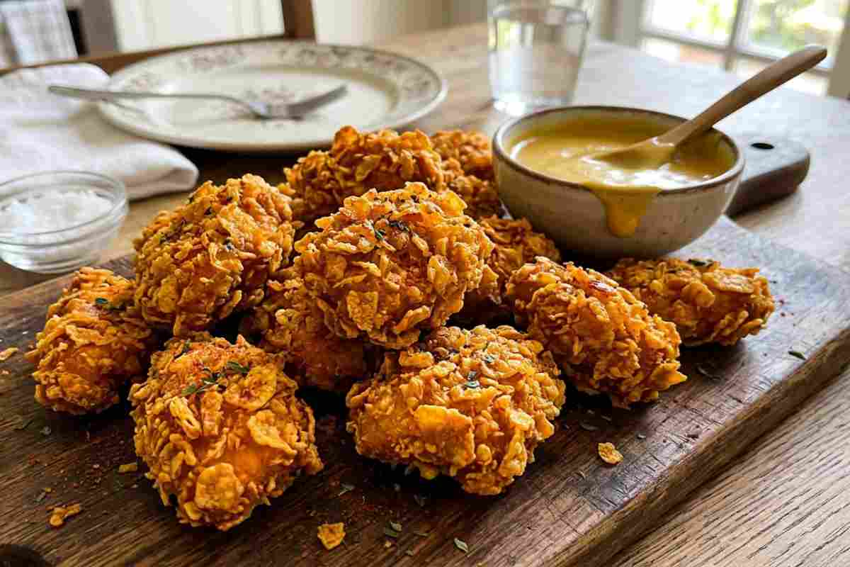 Bocconcini di pollo croccanti alla paprika panati con cornflakes, serviti su tagliere di legno con salsa senape e miele, foto ravvicinata in luce naturale.