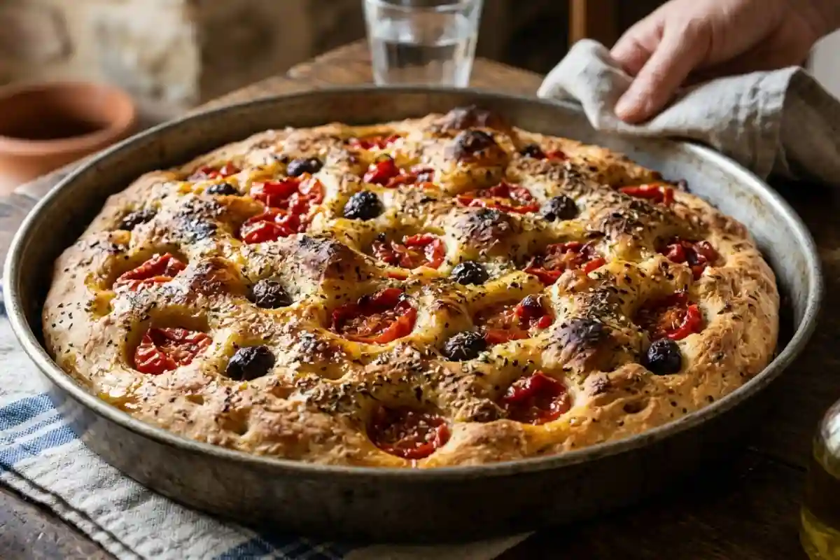 Focaccia barese fatta in casa alta e soffice con pomodorini, olive e origano in teglia di metallo tradizionale..