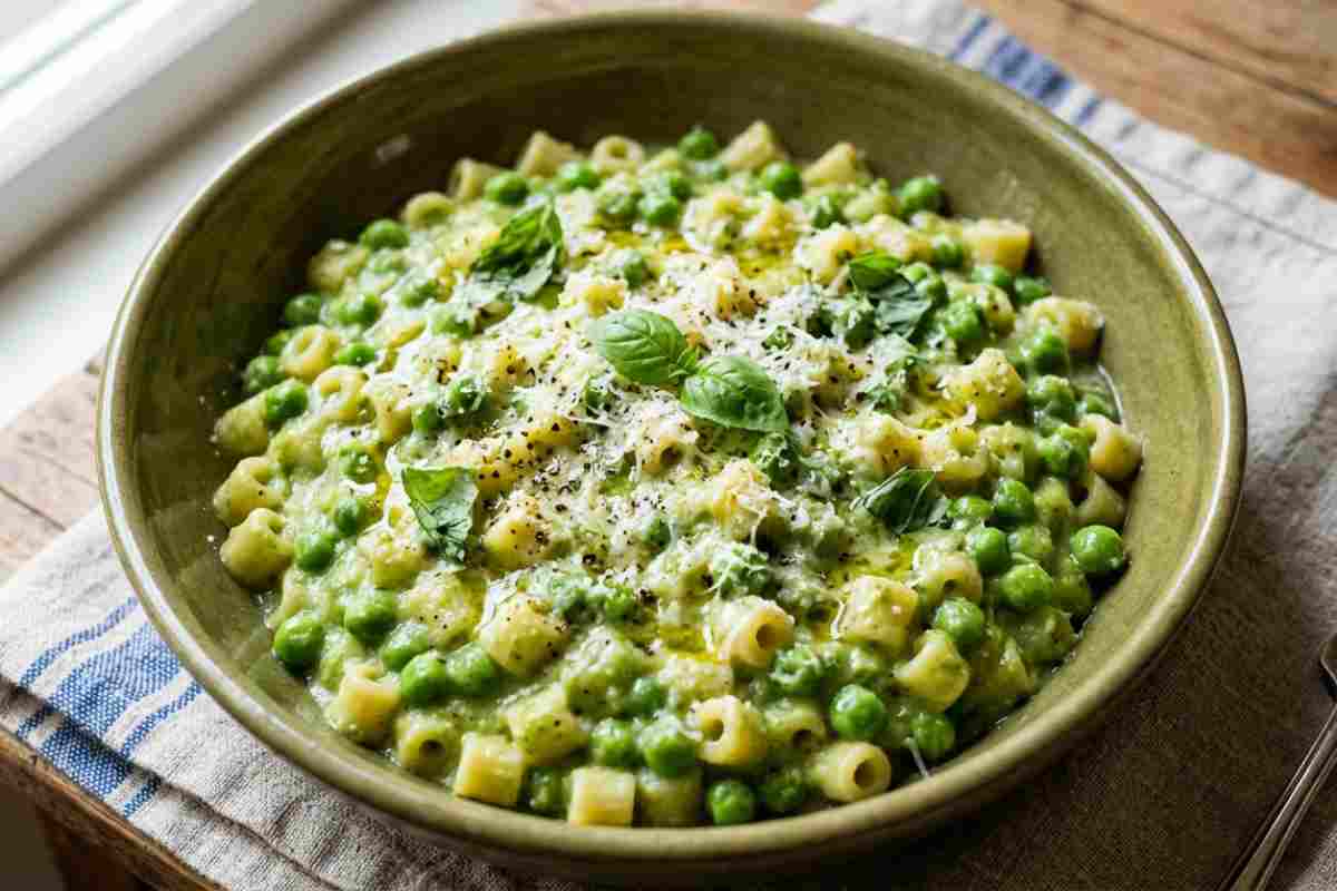Pasta e piselli cremosa con pecorino e basilico in ciotola di ceramica.