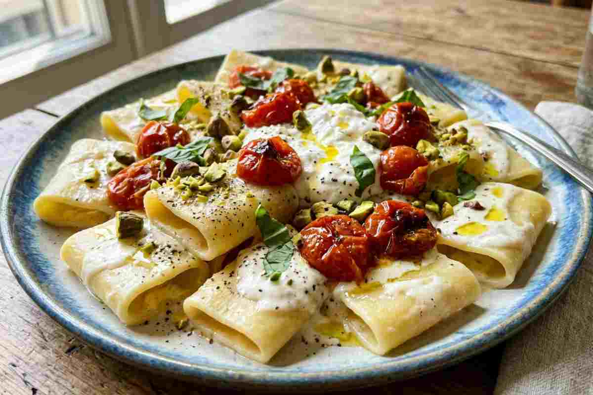 Paccheri cremosi con burrata pugliese, pomodorini confit e granella di pistacchi su tavolo in legno.