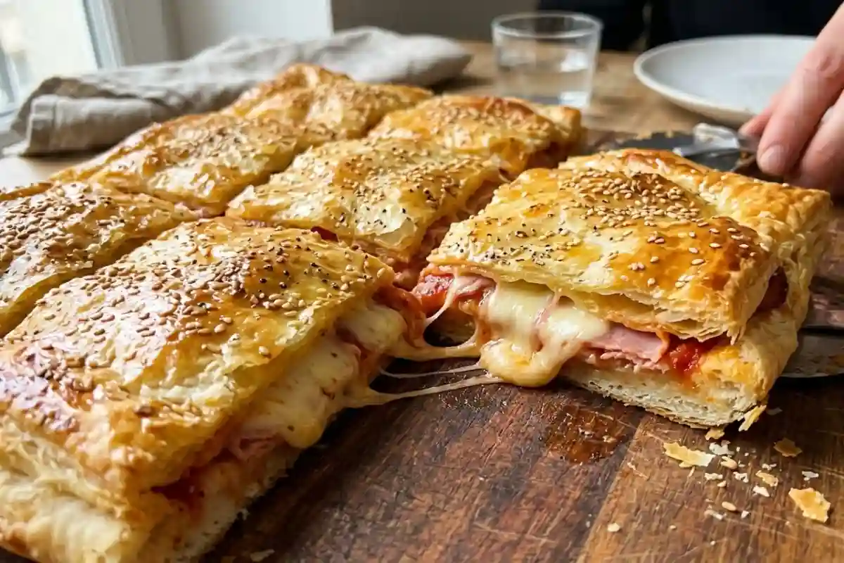 Parigina napoletana fatta in casa con pasta sfoglia dorata, pomodoro e provola filante su tagliere di legno.
