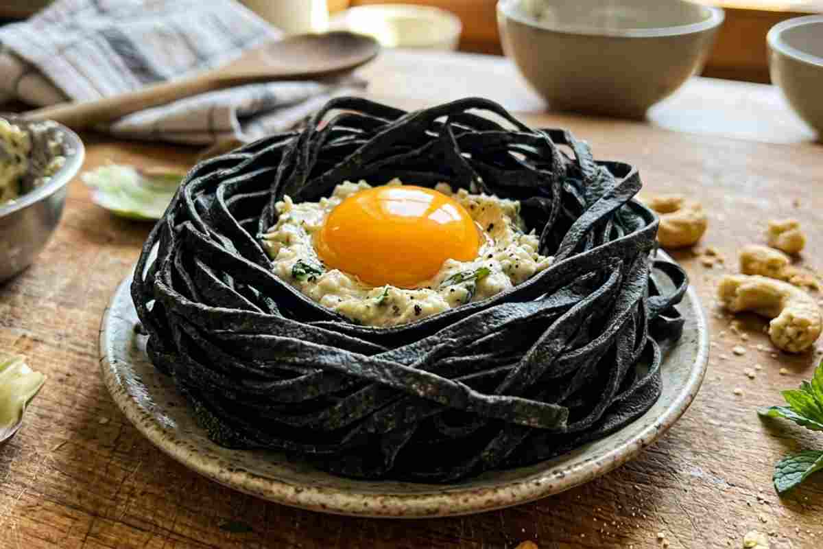 Nido di crespelle al nero di seppia con mousse di carciofi e tuorlo d'uovo fondente, ricetta originale di Pasqua.