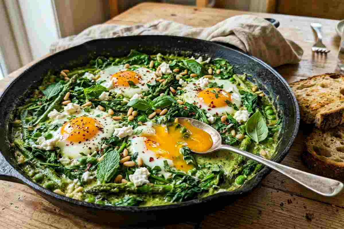 Shakshuka verde in padella con uova, asparagi, piselli e feta sbriciolata - Ricetta originale per il sabato sera.