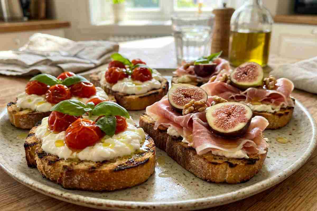 Bruschette gourmet con pomodorini confit, burrata e prosciutto crudo su pane di Altamura grigliato.