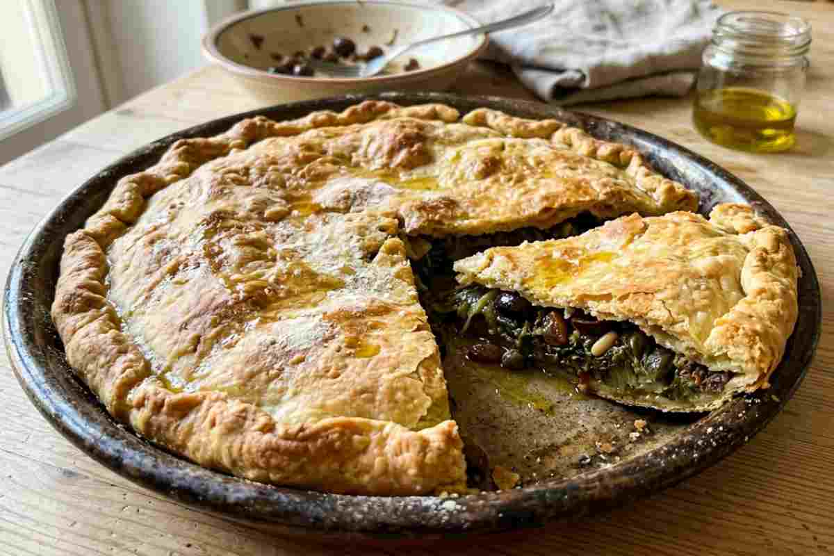 Tiella di scarola e olive di Gaeta appena sfornata su tavola di legno, ricetta tradizionale per il menu del Venerdì Santo.