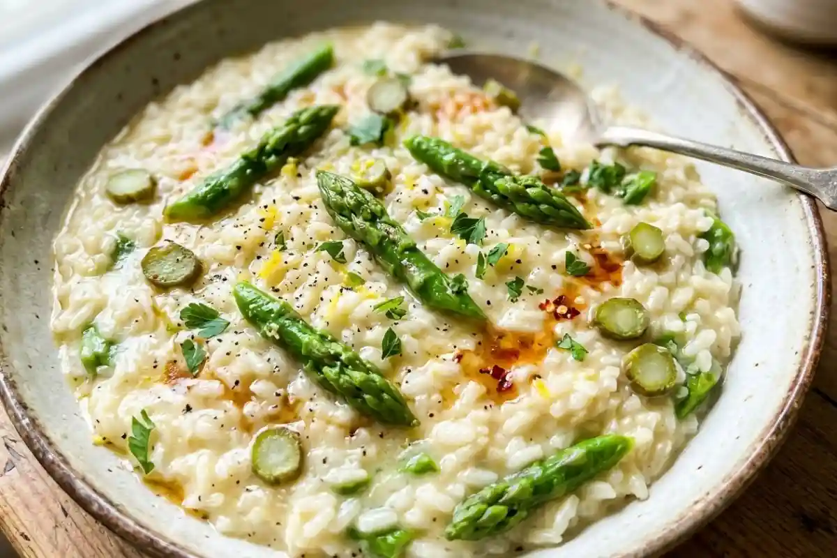 Risotto cremoso agli asparagi e caprino mantecato con burro nocciola e guarnito con miele piccante swicy in un piatto artigianale su tavola in legno.