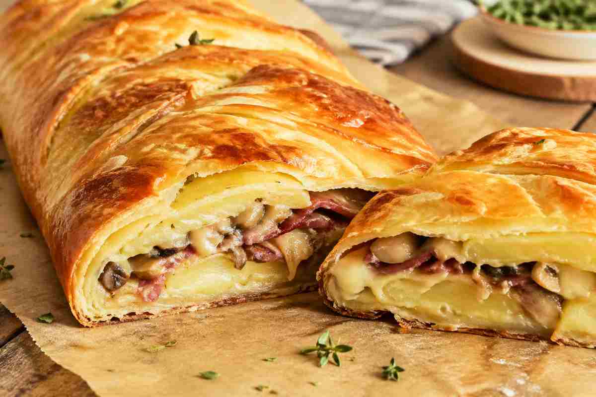 Rustico Bosco e Monti croccante con patate, funghi e speck, ripieno filante e doratura perfetta, appena sfornato su tagliere rustico.