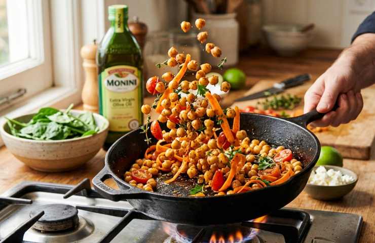 Bowl proteica con ceci croccanti, carote a nastro e feta greca: idea per una cena leggera e veloce in 10 minuti.