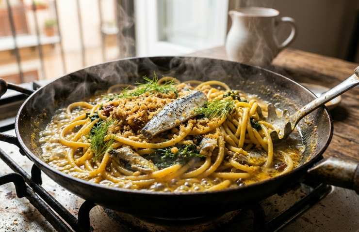Mantecatura della pasta con le sarde in padella: bucatini fumanti saltati con finocchietto selvatico, zafferano e sarde fresche durante gli ultimi secondi di cottura.