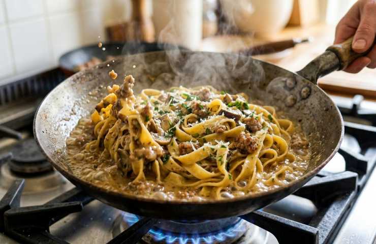 Mantecatura delle tagliatelle salsiccia e funghi in padella, effetto cremoso con acqua di cottura e vapore, primo piano tecnico culinario.