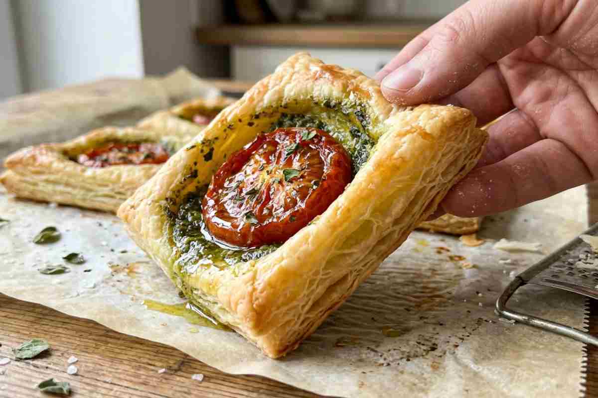 Sfogliatine sottosopra con pasta sfoglia, pomodorini caramellati e pesto di basilico su carta forno.
