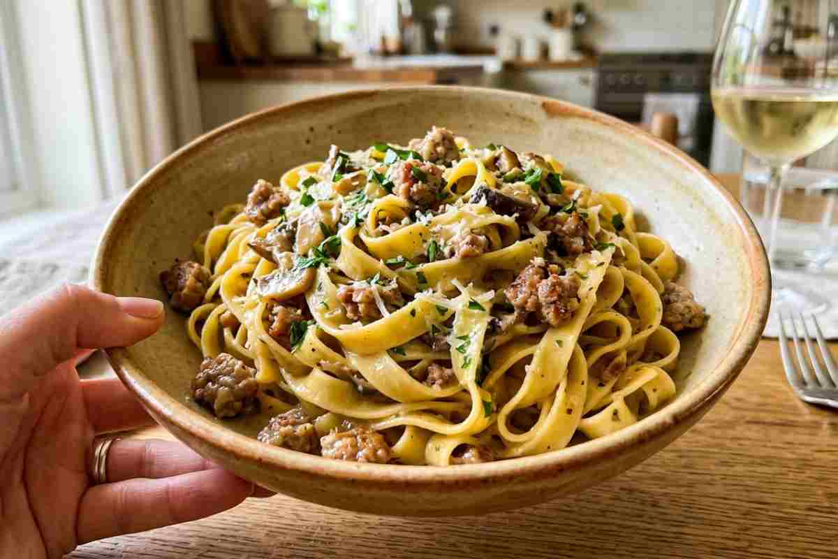 Tagliatelle salsiccia e funghi freschi servite in una ciotola di ceramica, primo piano cremoso senza panna con prezzemolo tritato.