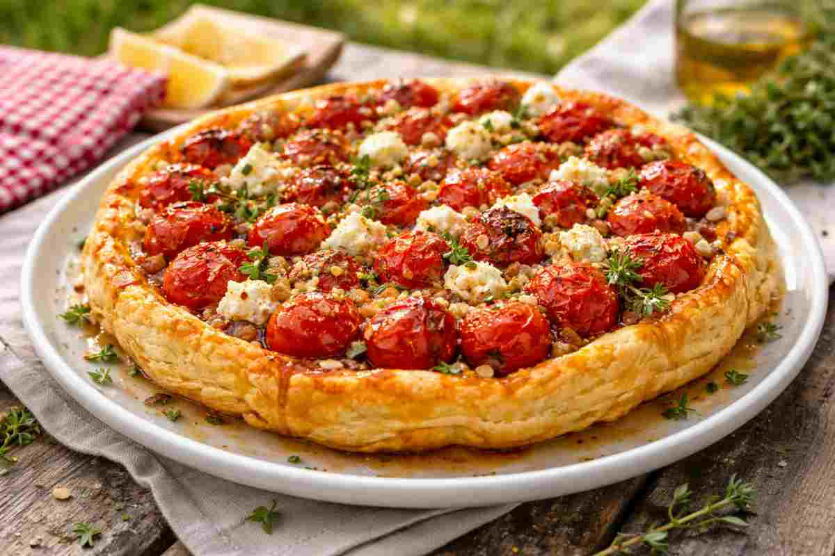 Tatin salata con pomodorini caramellati e feta, torta rustica croccante e dorata perfetta per Pasquetta, foto realistica luminosa ad alta qualità.