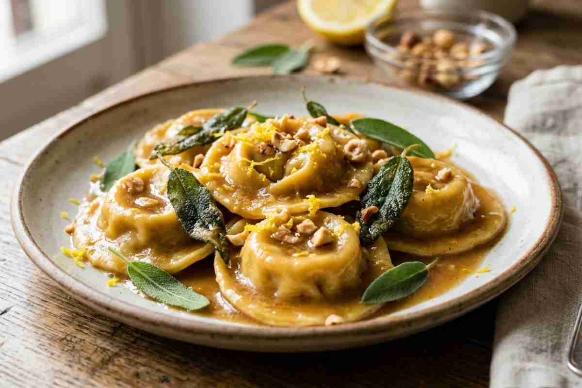 Tortelli burro e salvia croccante con granella di nocciole e scorza di limone, piatto gourmet con emulsione cremosa di burro nocciola.