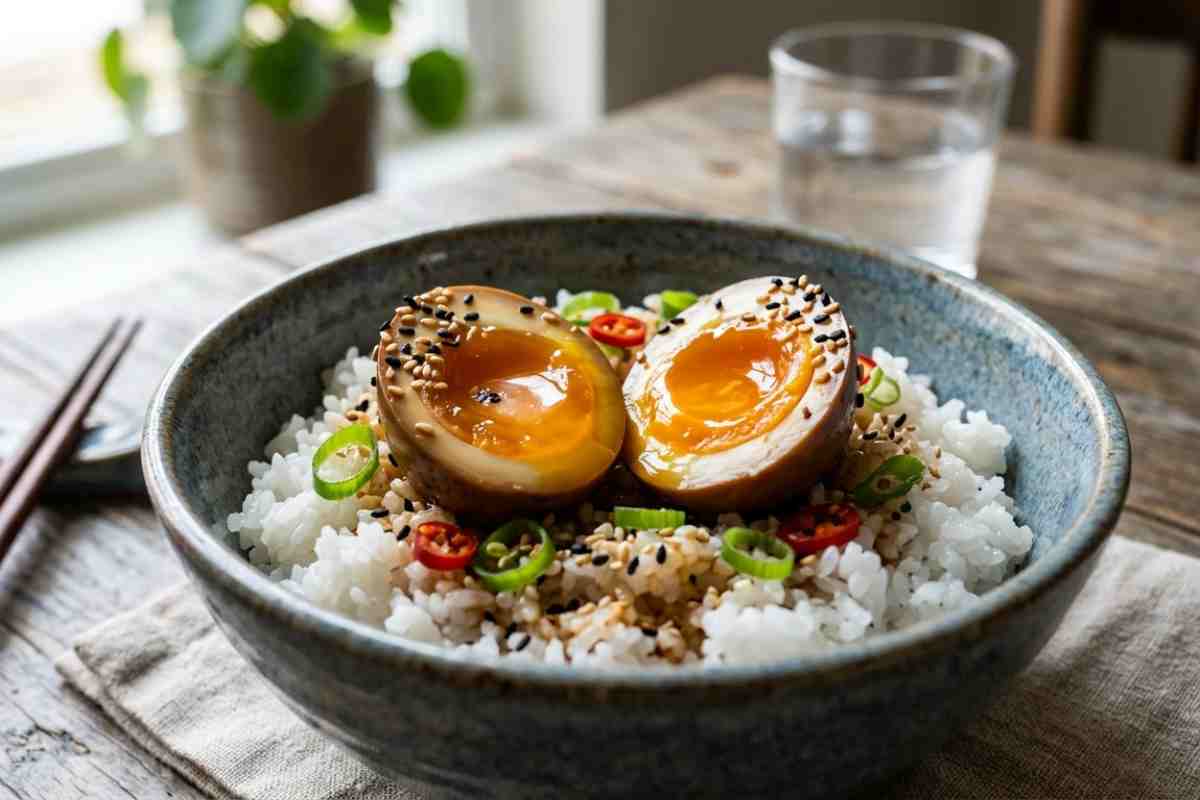 Uova Mayak marinate alla soia tagliate a metà su ciotola di riso bianco con tuorlo cremoso, cipollotto e sesamo.