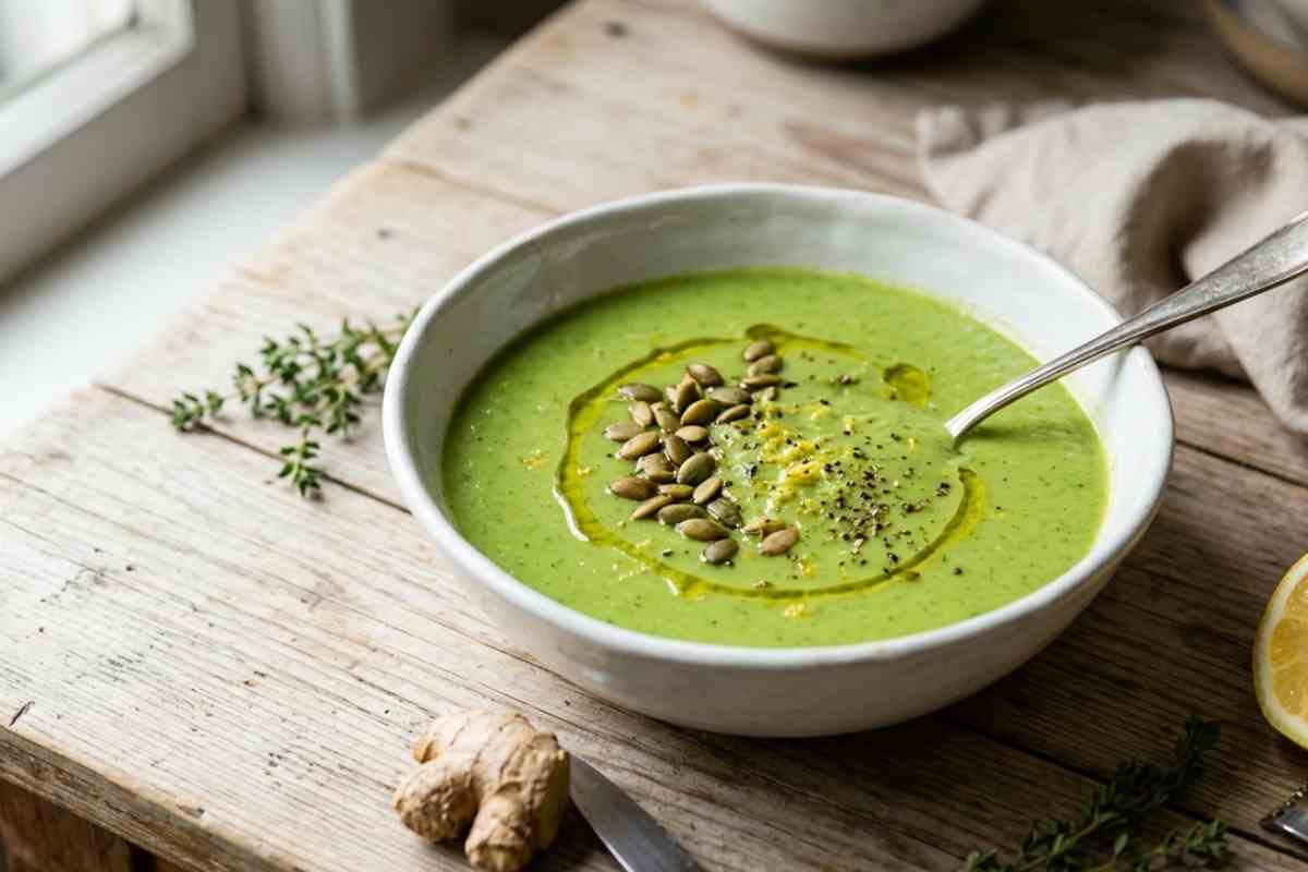 Vellutata di broccoli e zenzero post-grigliata per sgonfiare la pancia servita in ciotola con semi di zucca e limone.