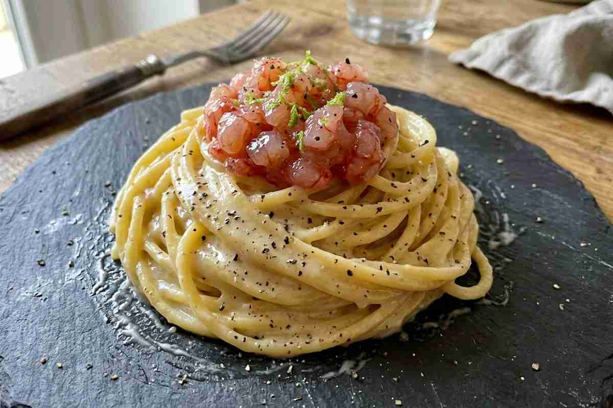 Tonnarelli cacio e pepe cremosi con tartare di gamberi rossi e scorza di lime su piatto di ardesia scuro.