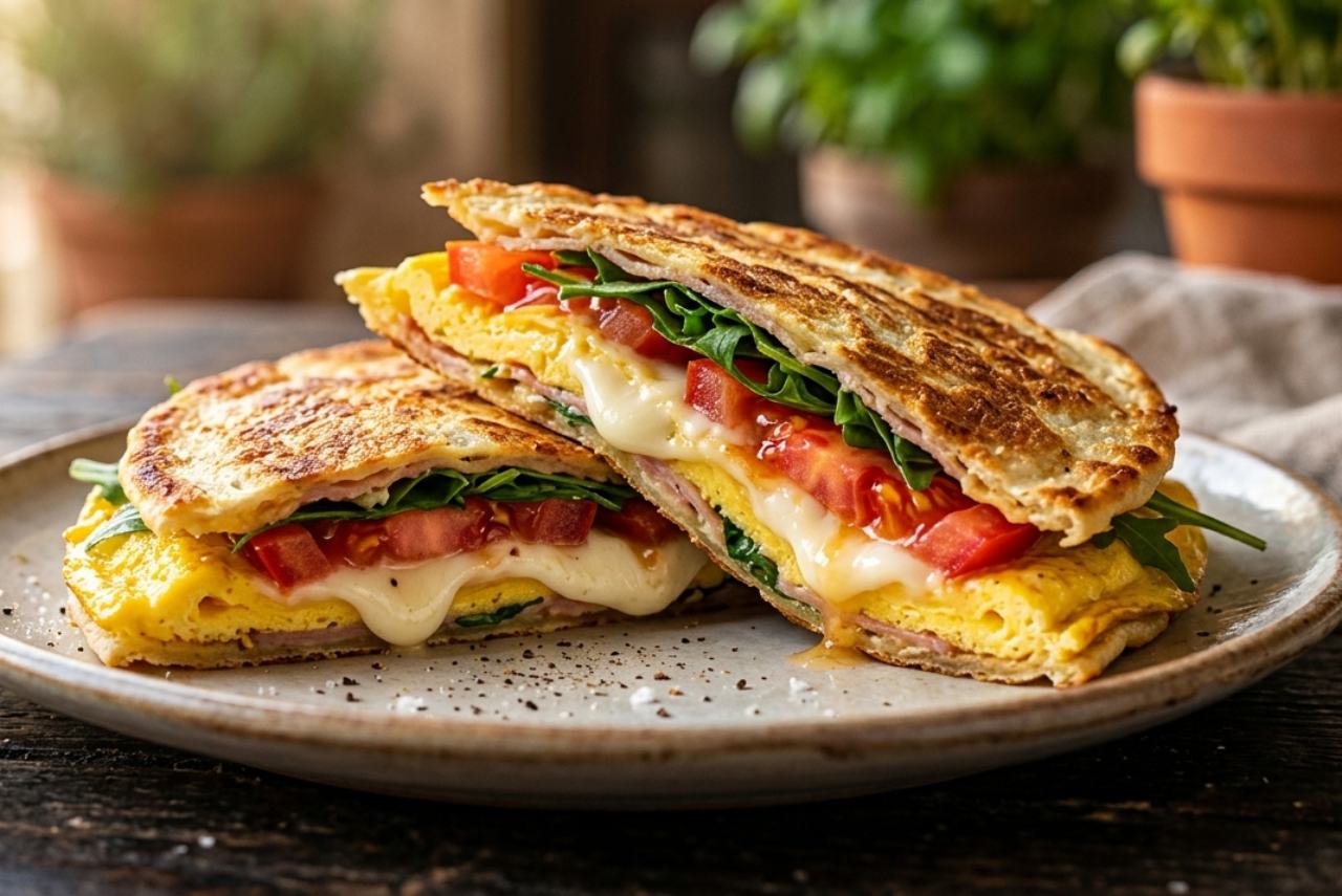 Piadina-omelette tagliata a metà su un tavolo in legno, farcita con formaggio spalmabile, fette di pomodoro e rucola fresca.