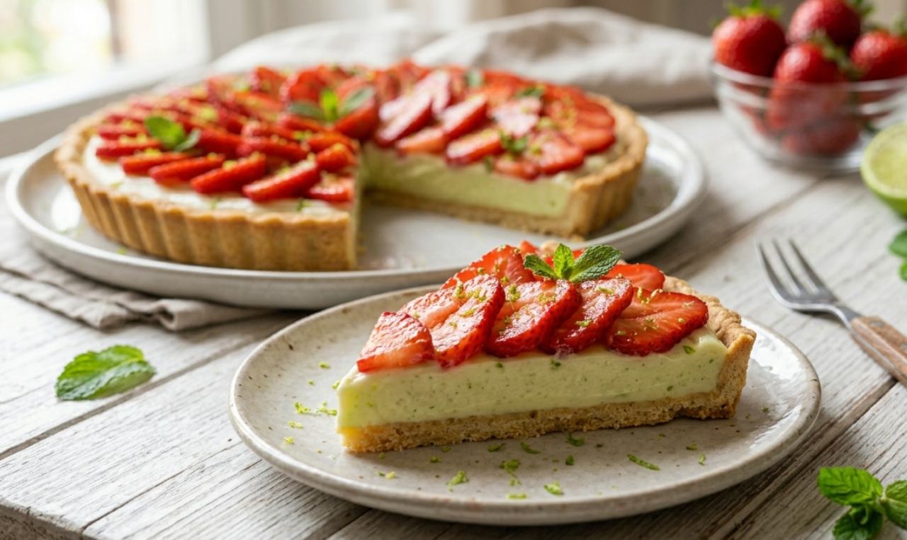 Crostata di fragole fresche con crema al mascarpone e lime su base di frolla sabbiata