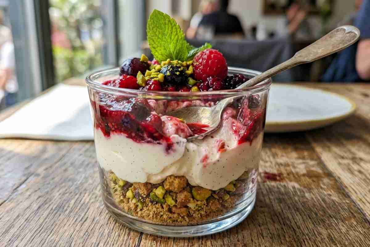 Cheesecake scomposta al bicchiere con frutti di bosco, crema al mascarpone e granella di pistacchio su tavolo in legno.