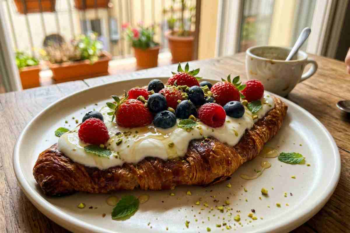 Flat Croissant ai frutti di bosco: cornetto schiacciato e caramellato con yogurt greco e pistacchi.