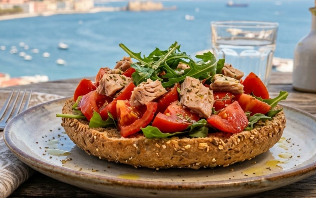 Fresella integrale condita con tonno, pomodori cuore di bue e cicorietta su un tavolo in legno con lo sfondo del Golfo di Napoli e il Vesuvio