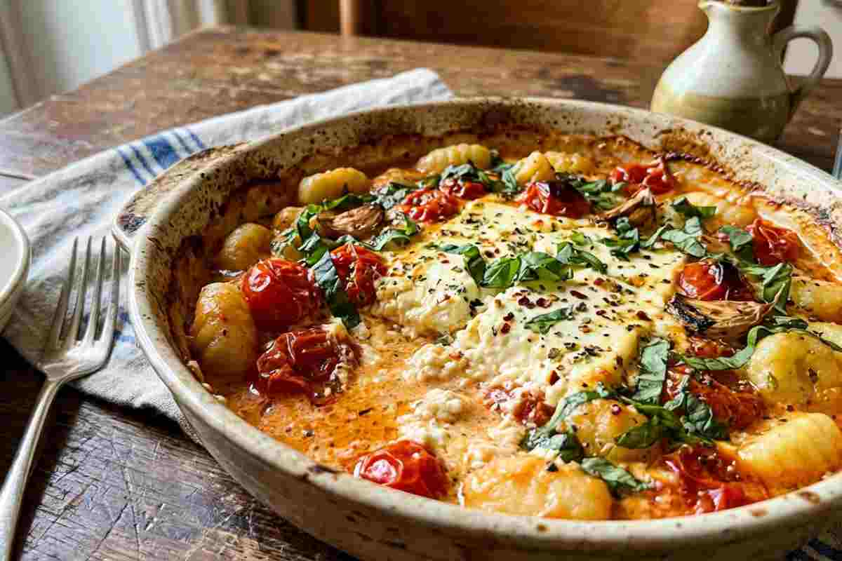 Gnocchi alla feta e pomodorini cotti al forno in pirofila di ceramica.