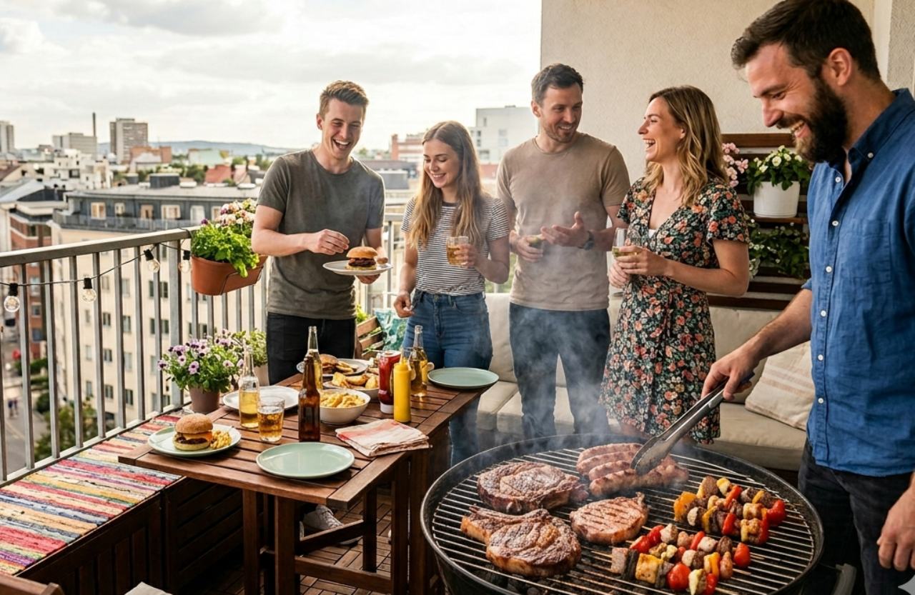 Un gruppo di cinque amici sorridenti mentre fa una grigliata di carne e verdure su un balcone panoramico con vista sul Golfo di Napoli e il Vesuvio.