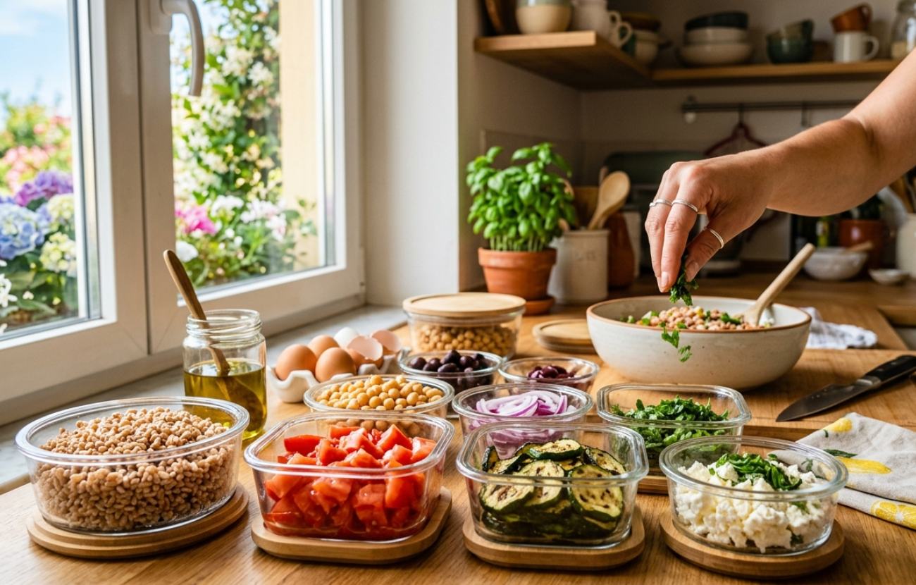 Contenitori di vetro con ingredienti freschi pronti (farro, verdure grigliate, feta) organizzati su un piano cucina in legno in una giornata di sole per la preparazione dei pasti di maggio.
