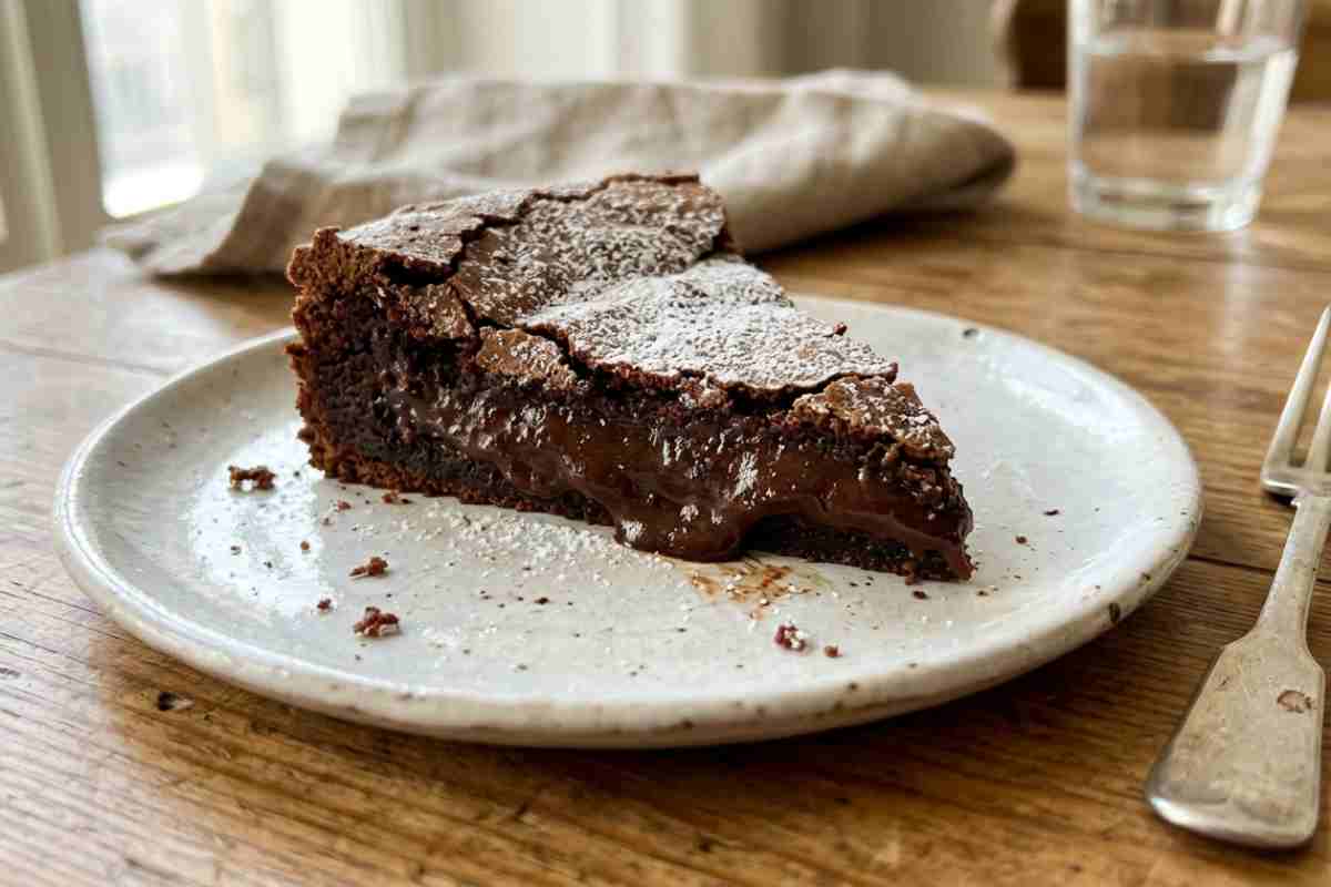 Fetta di torta tenerina ferrarese al cioccolato fondente dal cuore cremoso su piatto rustico.
