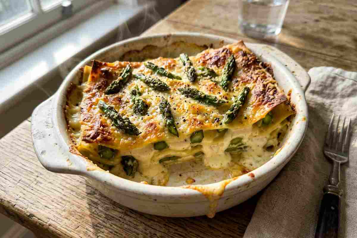 lasagne agli asparagi e stracchino in pirofila, ricetta primaverile cotta in friggitrice ad aria.