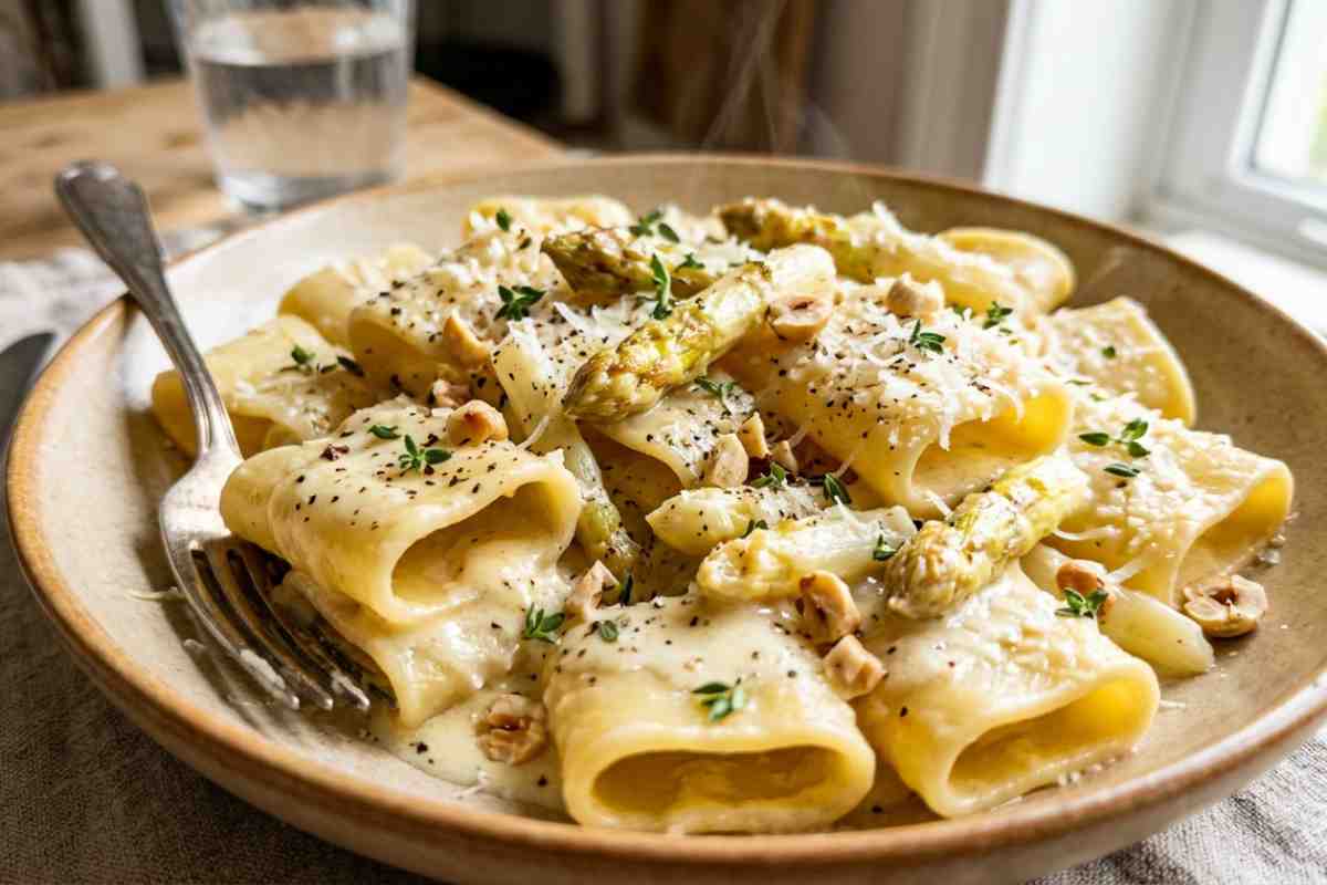Mezzi paccheri cremosi con asparagi bianchi, granella di nocciole e parmigiano in un piatto di ceramica artigianale.