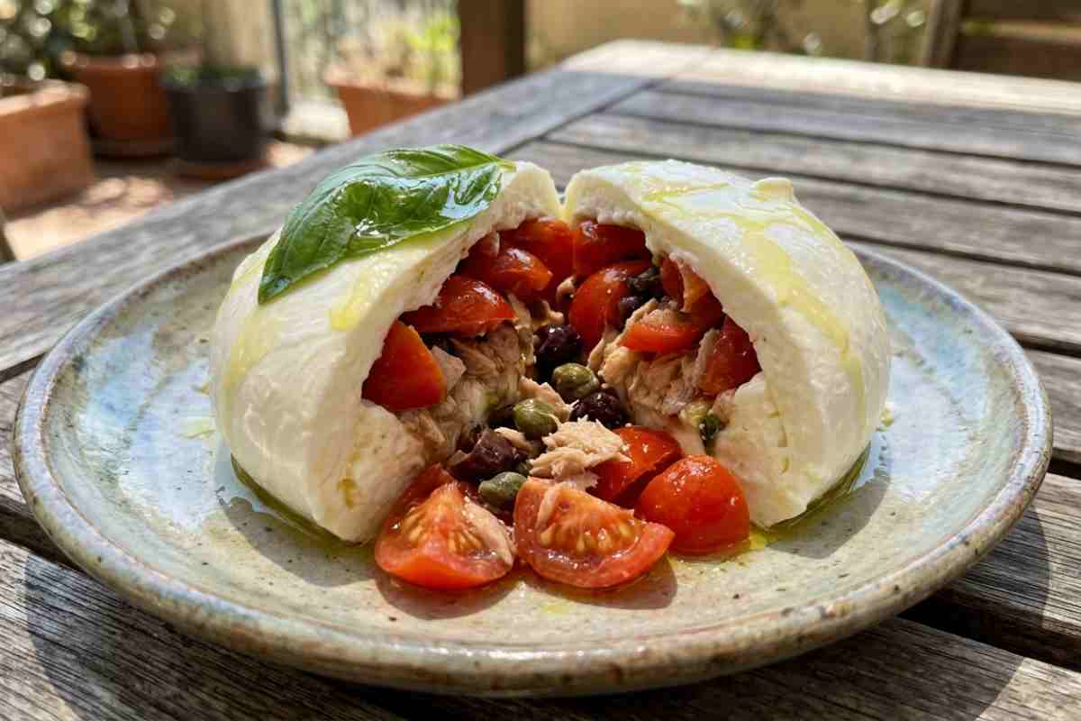 Mozzarelle ripiene alla mediterranea con tonno e pomodorini datterini su un piatto rustico all'aperto