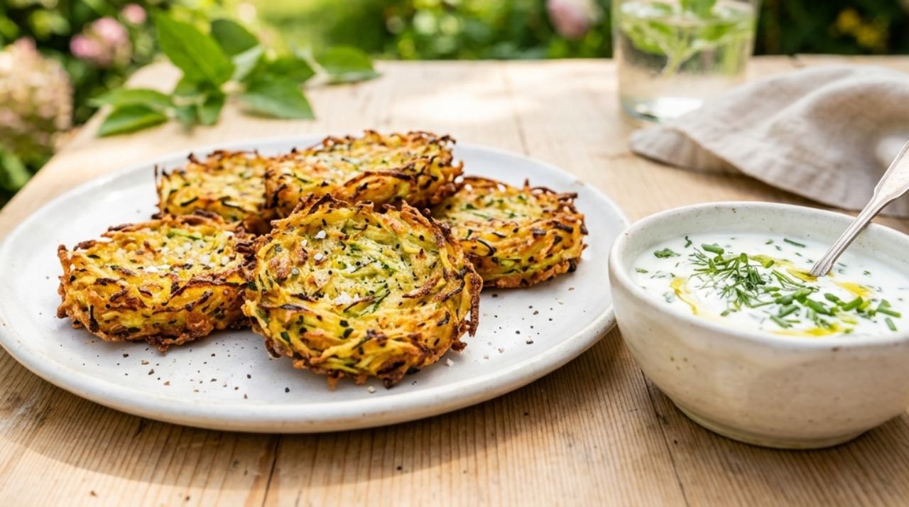 Nidi di zucchine grattugiate e croccanti cotti in friggitrice ad aria, serviti su un tavolo di legno con salsa allo yogurt