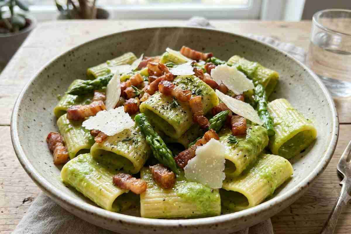 Piatto di pasta paccheri cremosi con asparagi freschi, pancetta croccante a cubetti e scaglie di pecorino romano, servito in una ciotola di ceramica rustica su un tavolo di legno illuminato dalla luce naturale.