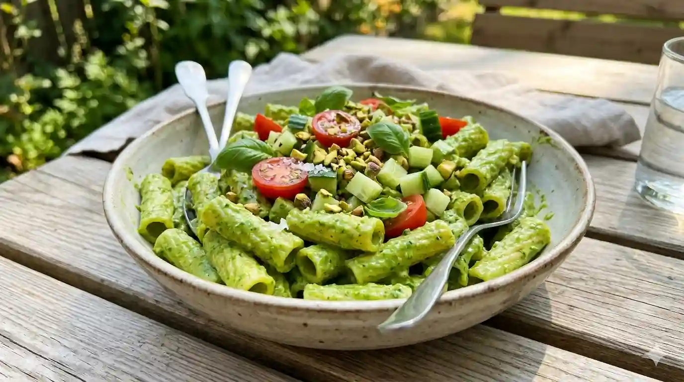Pasta fredda Green Goddess cremosa con avocado, basilico, granella di pistacchi e pomodorini freschi servita in una ciotola di ceramica su tavolo in legno all'aperto.