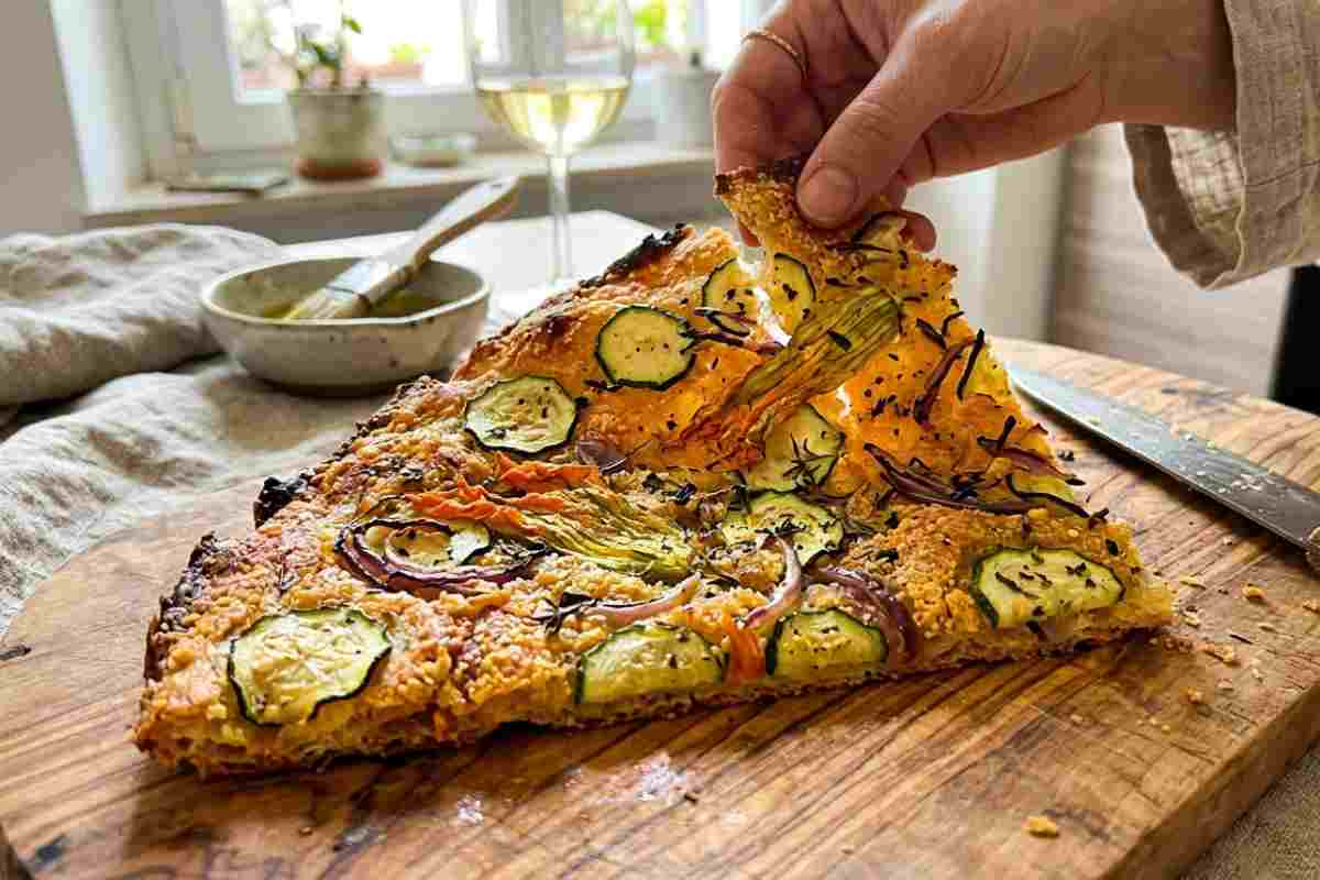 Scarpaccia di zucchine e fiori di zucca toscana croccante in teglia con cipolla rossa, ricetta originale.