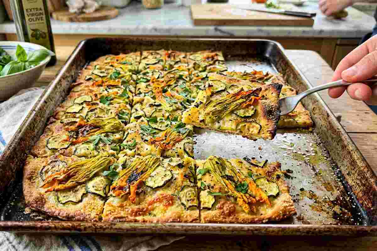 Scarpaccia di zucchine viareggina croccante in teglia con fiori di zucca ricetta toscana tradizionale.