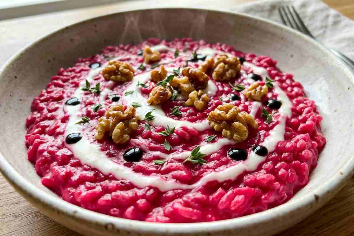 Risotto alla barbabietola e caprino all'onda con noci caramellate e aceto balsamico in piatto di ceramica.